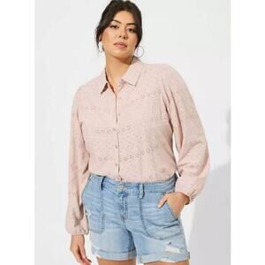 Torrid Eyelet Button Up Long Sleeve Shirt‎ Blouse Mushroom Pink Plus Size 3